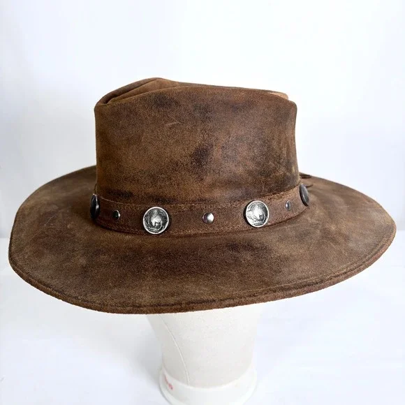 Minnetonka Outback Buffalo Nickel Hat Genuine Leather Brown Western Cowboy Sz L - Picture 4 of 9